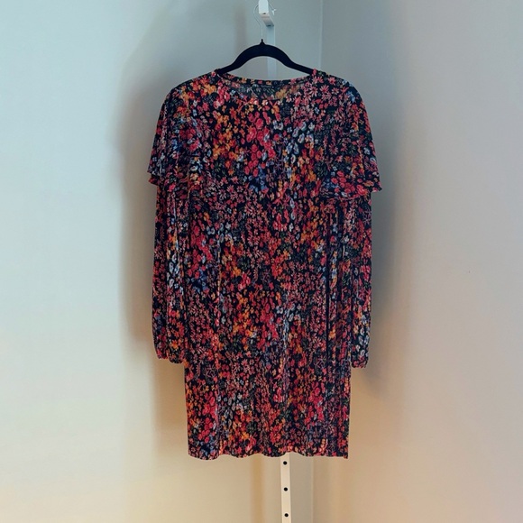 Zara Micro Pleated Floral Ruffle Long Sleeve Multicolored Mini Dress Size Large - Picture 2 of 5